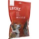 Rote Verpackung für Lecky Mini Flips Hundeleckerlis mit einem lächelnden Hund, beschriftet mit "100% Natürlich", mit Zutaten in mehreren Sprachen.