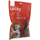 Emballage rouge pour les friandises pour chiens Lecky Mini Flips avec un chien souriant, étiqueté "100% Naturel", avec les ingrédients listés en plusieurs langues.