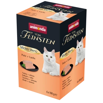 Eine Box mit Animonda Vom Feinsten Katzenfutter mit einer weißen Katze auf der Vorderseite, beschriftet 'Mildes Menü Pute + Lachs' mit Puten- und Lachs-Zutaten.