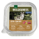 Wet dog food packaging shows a wolf in a forest, labeled "Wilderness Open Prairie," with "Beef with Kangaroo," 95% meat, 0% grains.
