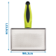 Eine Haustierpflegebürste mit einem Edelstahlkopf und einem grünen und schwarzen ergonomischen Griff, 15,8 cm lang und 6,3 cm breit.