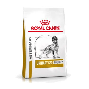 Royal Canin Veterinary Urinary S/O Ageing 7+ Hundefutterbeutel mit einer Silhouette eines Hundes, mit einem Kronenlogo und Produktdetails.