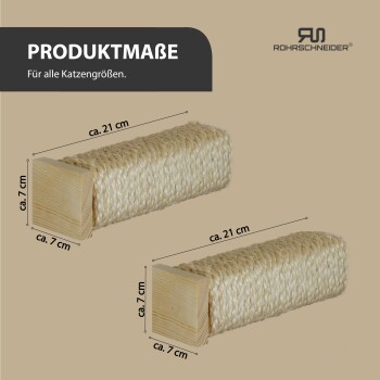 Zwei beige Sisal-Kratzbretter für Katzen mit Holzenden, jeweils ca. 21x7x7 cm, beschriftet mit "PRODUKTMAßE" und "Für alle Katzengrößen."