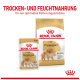 Royal Canin Pomeranian Hundefutterverpackung, die einen Nassfutterbeutel (85g) und einen Trockenfutterbeutel zeigt, mit Text, der optimale Ernährung hervorhebt.