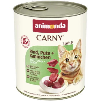Dose Animonda Carny Katzenfutter (Adult 1+) Rind, Truthahn + Kaninchen; orange getigerte Katze, Fleischstücke in einer Schale
