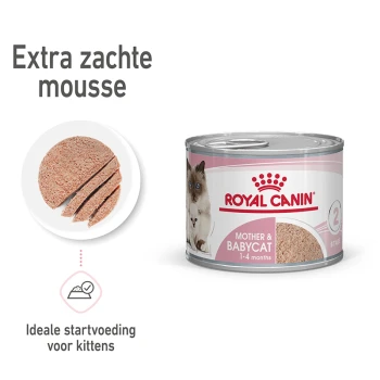 Royal Canin Mother & Babycat natvoerblik, met een zachte mousse-textuur, ideaal voor kittens van 1-4 maanden.