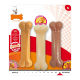 Drei Hundekauknocken in einer Verpackung, mit den Geschmacksrichtungen: Huhn, Erdnussbutter und Speck. Das Etikett besagt "Extra Haltbar" und "Hund Extrem Kau."