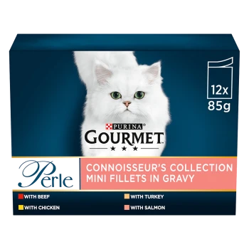 Purina Gourmet Perle Mini Fillets in Gravy box features a white cat and includes beef, chicken, turkey, and salmon flavors.