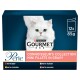 Purina Gourmet Perle Mini Fillets in Gravy box features a white cat and includes beef, chicken, turkey, and salmon flavors.