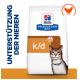 Hill's Prescription Diet k/d Katzenfuttertüte mit einer Katze mit blauem Halsband, beschriftet mit 'Unterstützung der Nieren' und 'ActivBiome Kidney Defense.'