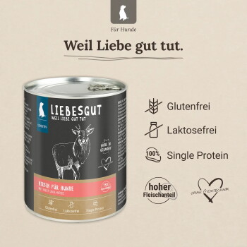 LIEBESGUT Dose ‚Hirsch für Hunde‘ mit Hirschbild; Slogan ‚Weil Liebe gut tut.‘ Glutenfrei / Laktosefrei / Single‑Protein.