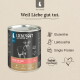 LIEBESGUT Dose ‚Hirsch für Hunde‘ mit Hirschbild; Slogan ‚Weil Liebe gut tut.‘ Glutenfrei / Laktosefrei / Single‑Protein.