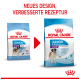 Zwei Tüten Royal Canin Hundefutter mit der Aufschrift "JUNIOR GIANT" und "JUNIOR 8-18/24 Monate", mit einer Hundillustration und verbessertem Rezepttext.