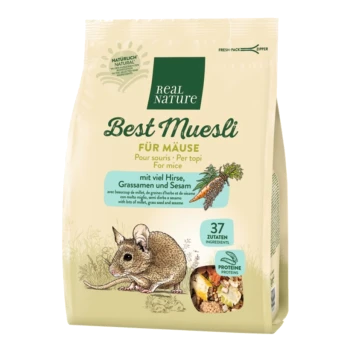 Packung von Real Nature Best Muesli für Mäuse, mit einer Illustration einer Maus und Text in mehreren Sprachen über Zutaten und Ernährung.