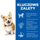 Corgi stoi obok niebieskiego tła z polskim tekstem wymieniającym korzyści karmy dla zwierząt: wysokiej jakości białko, witamina E, Omega-6 i strawność.