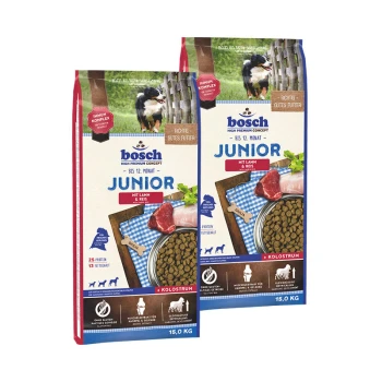 Zwei Beutel Bosch Junior Hundefutter, jeweils 15,0 kg, mit Lamm und Reis. Der Text hebt "Immun Complex" und "Protein-Fettgehalt" hervor.