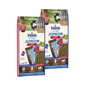 Zwei Beutel Bosch Junior Hundefutter, jeweils 15,0 kg, mit Lamm und Reis. Der Text hebt "Immun Complex" und "Protein-Fettgehalt" hervor.