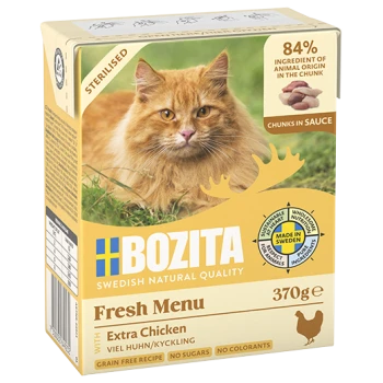 Bozita Fresh Menu Katzenfutter mit extra Huhn, 84 % tierischen Ursprungs, getreidefrei, ohne Zucker, ohne Farbstoffe, 370 g, hergestellt in Schweden.