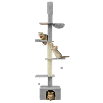 Drei Katzen spielen auf einem hohen, mehrstöckigen Katzenbaum in Grau und Beige, mit Plattformen, einem hängenden Spielzeug und einem gemütlichen Versteck.