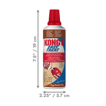 Flasche mit rotem Verschluss der KONG Easy Treat Hundespielzeug-Füllpaste, beschriftet mit 'KONG EASY TREAT' und mit Größenpfeilen 7,5 Zoll / 19 cm und 2,25 Zoll / 5,7 cm.