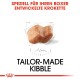 Bild eines Futterstücks mit einer Skizze, das den Text 'MADE-TO-MEASURE KIBBLE' und 'SPEZIELL FÜR IHREN BOXER ENTWICKELTE KROKETTE' zeigt.