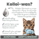 Eine süße Katze hält einen blauen Teddybären, mit Text, der die Vorteile von kolloidalem Silber für sanfte Wundpflege und Hygiene erklärt.