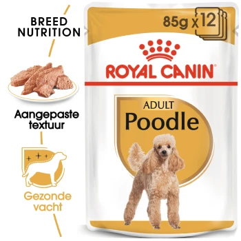 Royal Canin Adult Poodle hondenvoer verpakking, met een afbeelding van een poedel, tekst 'Breed Nutrition' en 'Aangepaste textuur' voor een gezonde vacht.