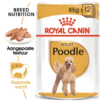 Royal Canin Adult Poodle hondenvoer verpakking, met een afbeelding van een poedel, tekst 'Breed Nutrition' en 'Aangepaste textuur' voor een gezonde vacht.