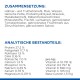 Zutaten- und Nährwertinformationen für Haustierfutter auf Deutsch, die Komponenten wie Hühnermehl, Mais und die Vitamine A, D3, E und C auflisten.