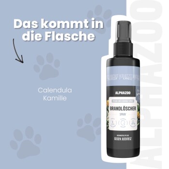 Schwarze Sprühflasche mit der Aufschrift "ALPHAZOO Beauty Brandlöscher" mit Illustrationen von Kamille und Ringelblume, die beruhigende Effekte für alle Rassen bewirbt.
