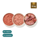 Tierfutterverpackungen zeigen Lamm, Rind und Geflügel, mit Schalen für Hackfleisch. Der Text zeigt 17x Fleisch, 15x Innereien und 3x Knochen.