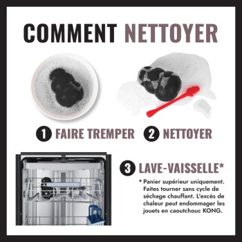 Graphique de nettoyage d'un jouet KONG noir avec en-tête français « COMMENT NETTOYER » et étapes « FAIRE TREMPER, NETTOYER, LAVE-VAISSELLE ».