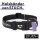 Schwarzes Hundehalsband mit einer Schnalle, das das Logo "STUCH" und ein Etikett mit der Aufschrift "PETA APPROVED VEGAN" zeigt.