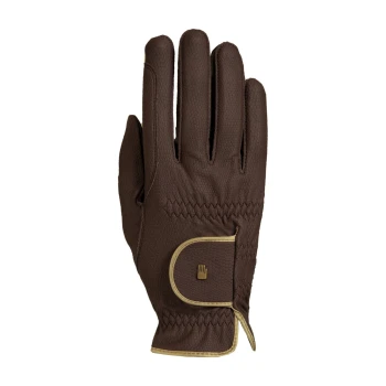 Braune Tierpflegehandschuh mit strukturierter Oberfläche und goldenen Akzenten, mit einem sicheren Handgelenkband und einem Hand-Symbol-Logo.