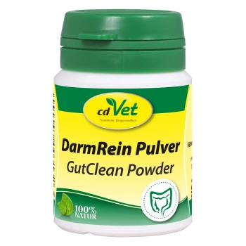 Behälter mit cdVet DarmRein Pulver (GutClean Powder) mit einem grünen Deckel, mit einem gelben Etikett und dem Hinweis, dass es 100% natürlich ist.