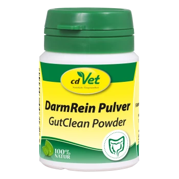 Behälter mit cdVet DarmRein Pulver (GutClean Powder) mit einem grünen Deckel, mit einem gelben Etikett und dem Hinweis, dass es 100% natürlich ist.