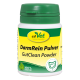 Behälter mit cdVet DarmRein Pulver (GutClean Powder) mit einem grünen Deckel, mit einem gelben Etikett und dem Hinweis, dass es 100% natürlich ist.
