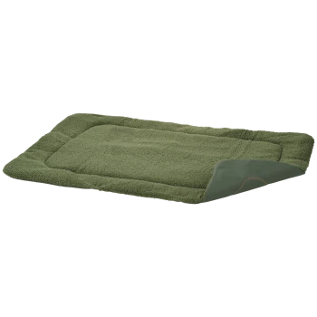 Tapis pour animal rectangulaire en sherpa vert olive avec bords rembourrés, coin plié révélant l'envers vert foncé et couture orange.