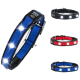 Drei LED-Halsbänder für Haustiere in Blau, Schwarz und Rot, mit hellen Lichtern für Sichtbarkeit, einem Netzschalter und einem Markenlogo.