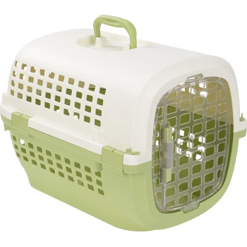 Plastic pet carrier with green base, white top, and transparent front door with ventilation holes and a handle.