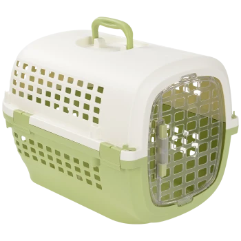 Transporteur pour animaux en plastique avec base verte, dessus blanc, porte avant transparente avec trous de ventilation et poignée.