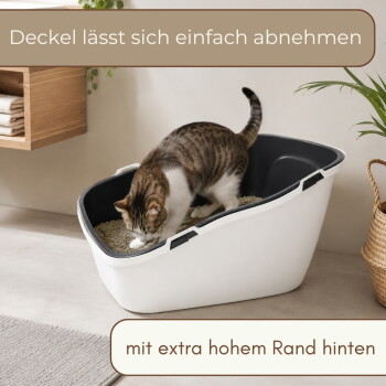 Getigerte Katze in einer weißen Katzentoilette mit erhöhtem Rückenteil; sichtbarer Text: "Deckel lässt sich einfach abnehmen, mit extra hohem Rand hinten"