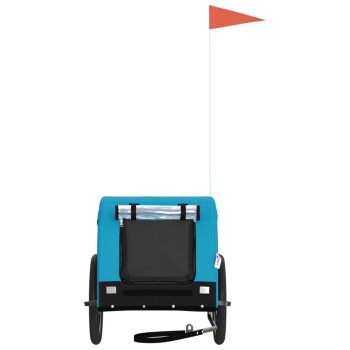 Blauer Haustieranhänger mit einem schwarzen Stauraum, mit einem klaren Oberteil und einer orangefarbenen Sicherheitsfahne.