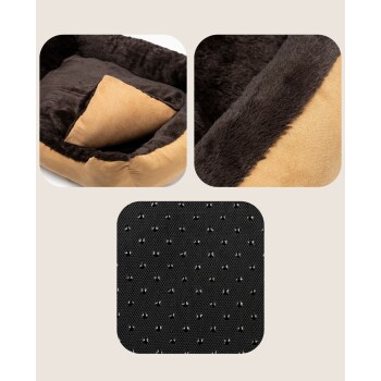 Ein gemütliches Haustierbett mit einem weichen braunen Innenraum und einem sandfarbenen Außenbereich, mit einem abnehmbaren Kissen und einem strukturierten schwarzen Boden für Halt.