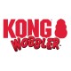 Rood 'KONG WOBBLER'-logo in vet blokletters met de rode silhouet van een drieledige wobbel