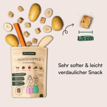 Tüte mit HundeHappen Senior Hundesnacks mit Kartoffel, Cranberry, Apfel, Karotte, Banane und 1,5 cm weichen Würfeln, beschriftet mit "Sehr softer & leicht verdaulicher Snack".