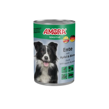 Dose AMORA Sensitive Hundefutter mit der Beschriftung 'Ente mit Apfel & Birne' (duck with apple & pear) und einem schwarz-weißen Hund.
