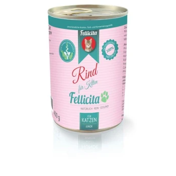 Dose Fellicita Kittenfutter, beschriftet "Rind für Kittens", mit einem pinken Design, 400g Größe und dem Anspruch, 100% natürlich zu sein.