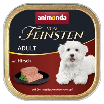 Eine Dose Animonda Vom Feinsten Hundefutter für Erwachsene, mit einem lächelnden weißen Hund und einem Portion Fleisch auf einem Teller, beschriftet "mit Hirsch."