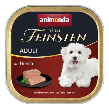 Eine Dose Animonda Vom Feinsten Hundefutter für Erwachsene, mit einem lächelnden weißen Hund und einem Portion Fleisch auf einem Teller, beschriftet "mit Hirsch."